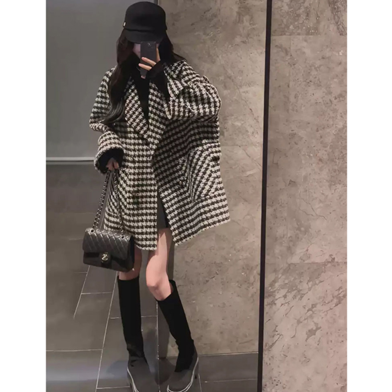 中长款加厚千鸟格呢子大衣女秋冬新款流行时尚高级感毛呢西装外套