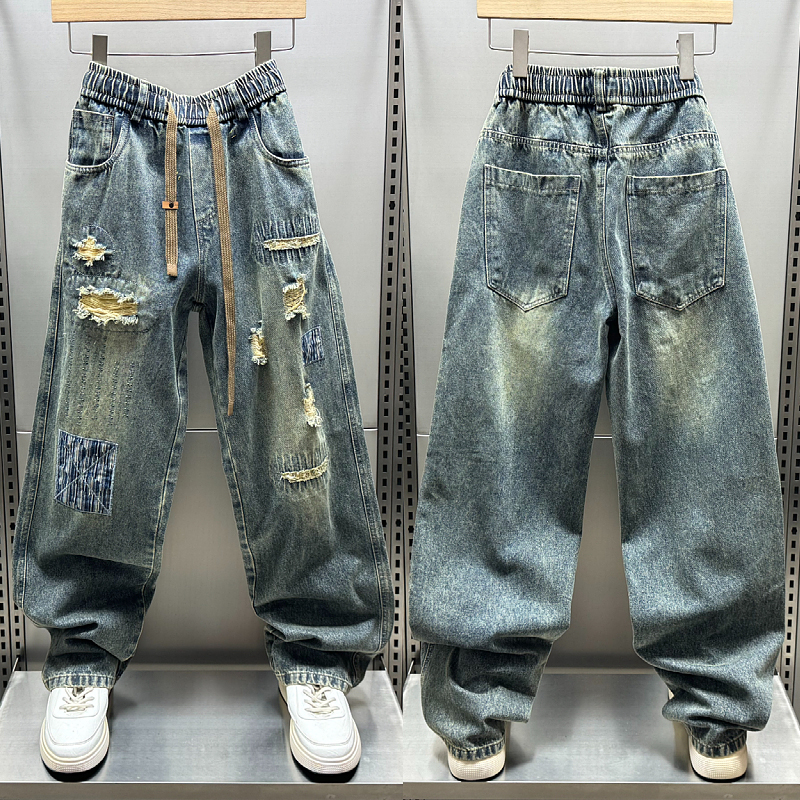 男士潮牌秋季设计感刮烂牛仔裤复古破洞老爹裤宽松阔腿痞帅直筒裤