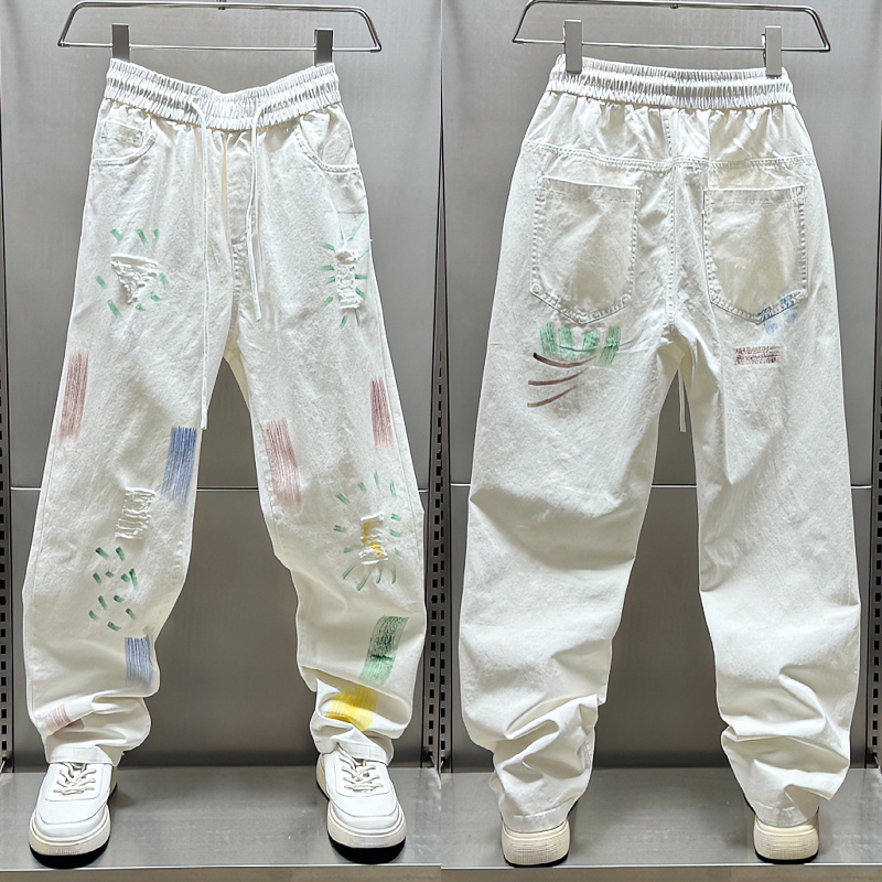 夏季泼墨休闲裤男宽松高级感阔腿裤潮流直筒美式高街白色嘻哈裤子