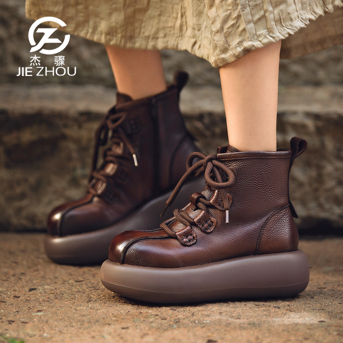 杰骤秋冬款牛皮厚底复古马丁靴女小个子增高短靴真皮原创圆头靴子