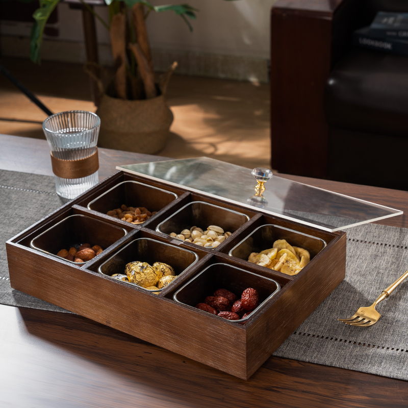 客厅家用干果盒茶几木质坚果零食分格收纳摆放中式水果盘带盖轻奢