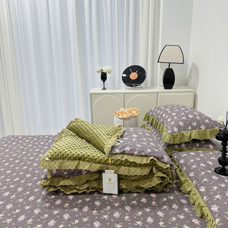 法式纯棉豆豆被床盖四件套可机洗裸睡春秋被加厚夹棉床单盖毯盖被