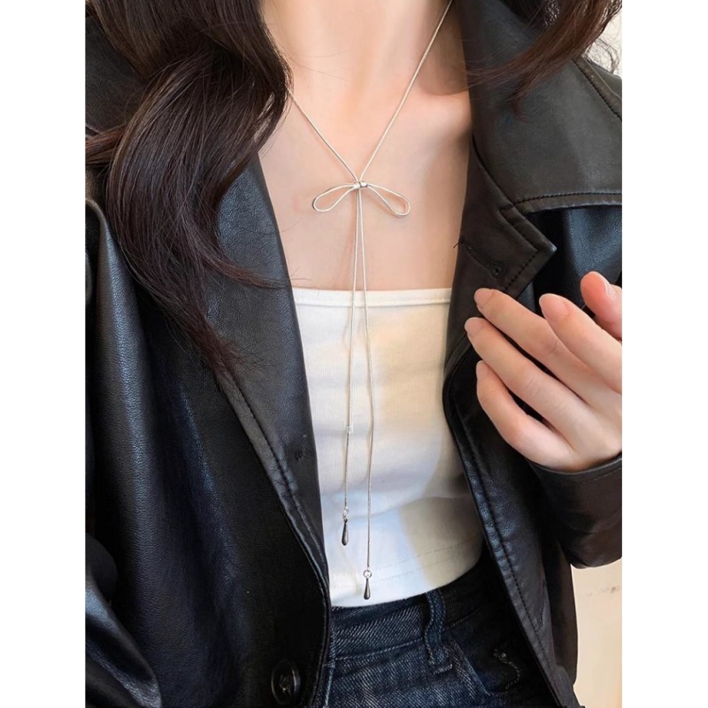 钛钢项链 银色蝴蝶结抽拉项链女简约ins冷淡风长款毛衣链百搭配饰