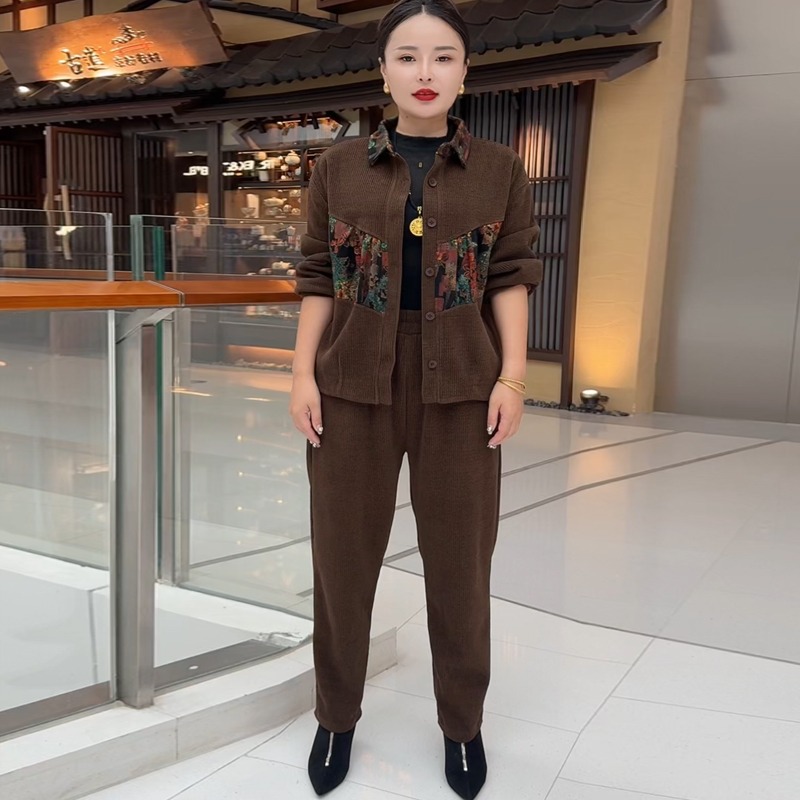 (8882)2024年秋季网红爆款欧棉绒拼国风元素时尚洋气减龄哈伦套装