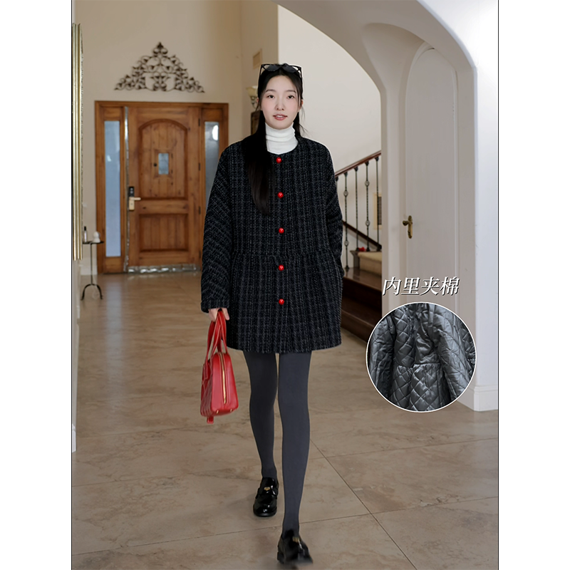 郭九九呢 羊毛小香风减龄撞色扣子宽松显瘦粗花呢棉服 G924T19927