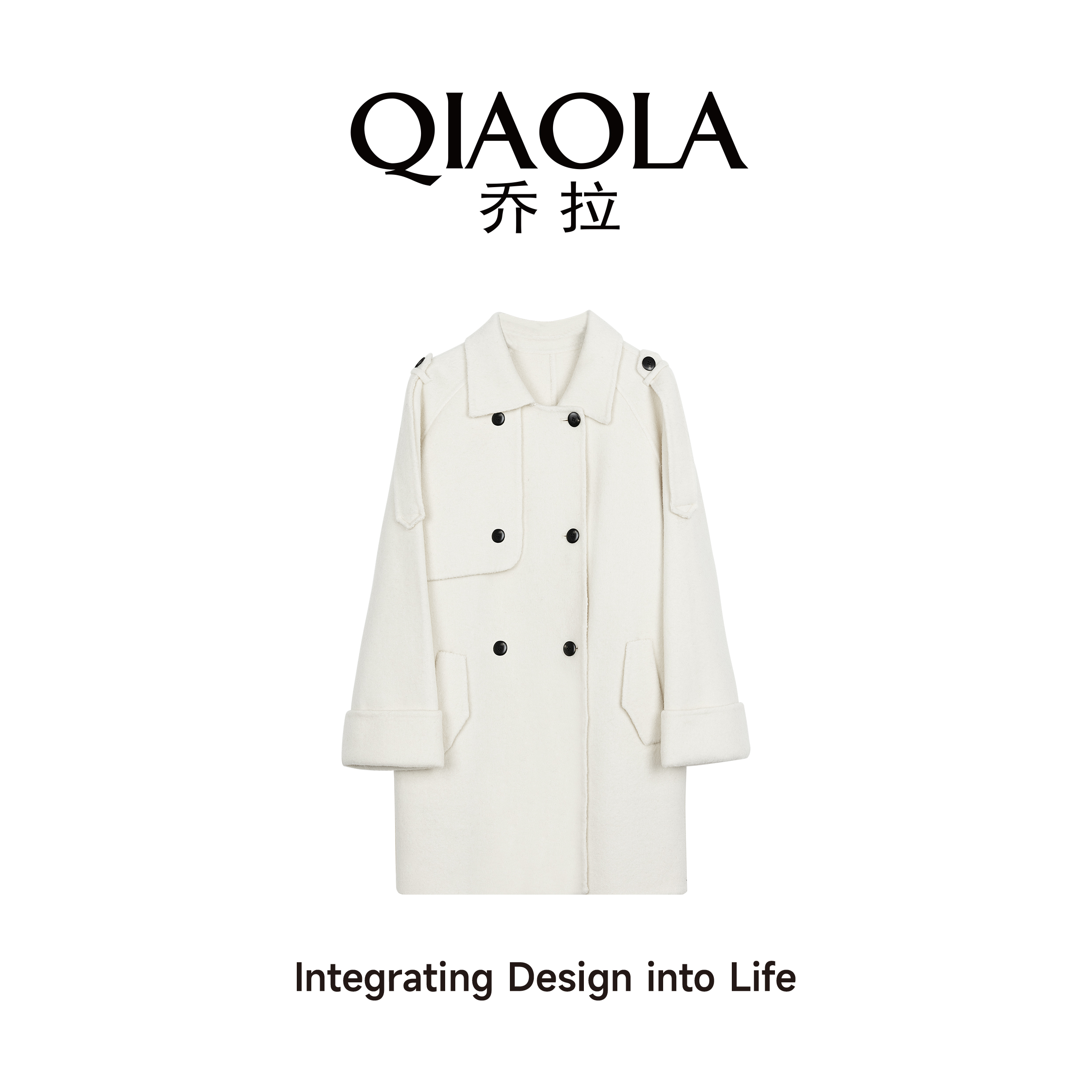 QIAOLA/乔拉【伦敦时报】秋冬季双面绵羊毛毛呢双排扣大衣外套