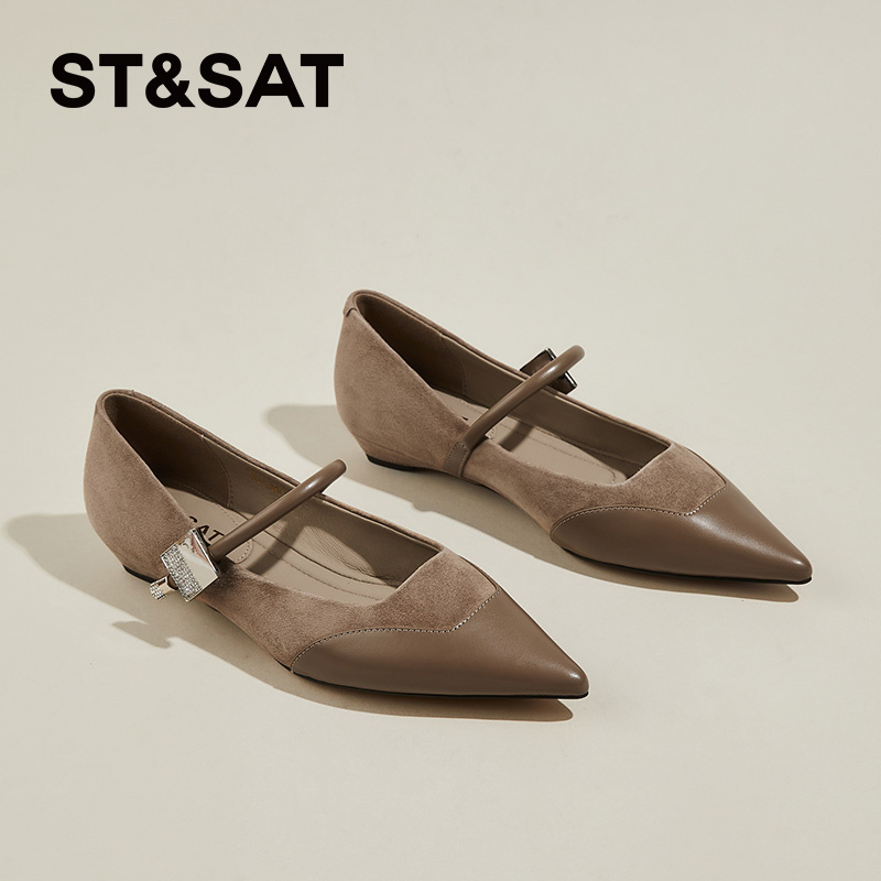 星期六平底尖头气质单鞋女2025秋季一字带真皮复古玛丽珍晚晚女鞋