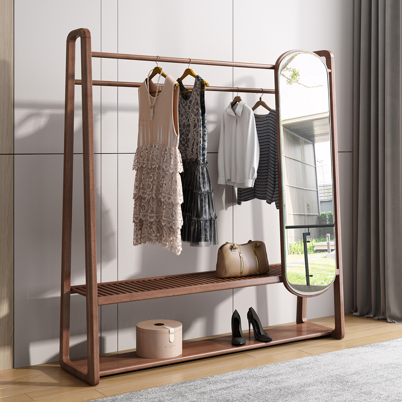 实木挂衣架落地卧室衣帽架试衣镜带镜子多功能置物架开放式衣柜架