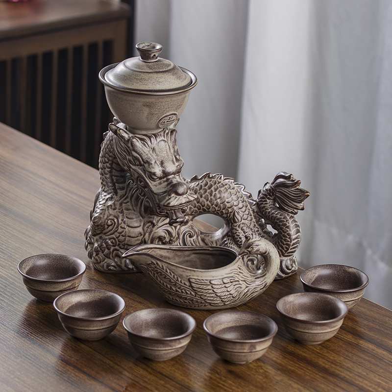 高档轻奢中式陶瓷功夫茶具套装家用简约懒人旋转防烫半自动泡茶壶