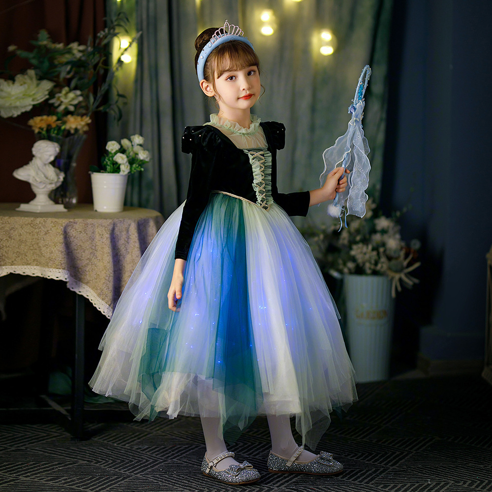 安娜公主裙万圣节气质女童春秋新款泡泡袖连衣裙anna宝宝生日礼服