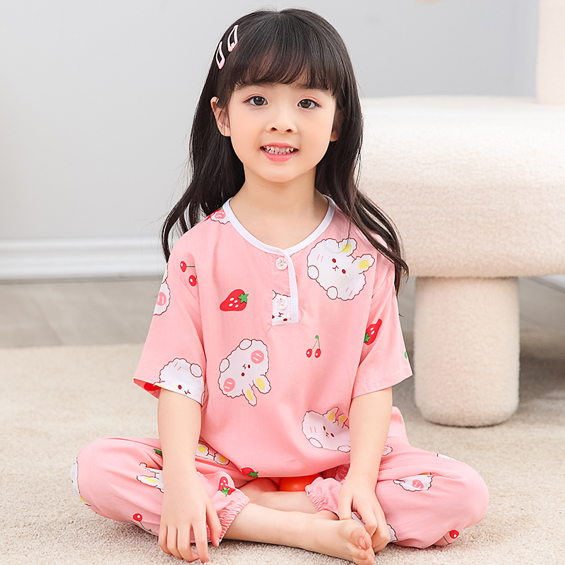 儿童绵绸睡衣夏季男童女童短袖长裤薄款棉绸套装女孩空调服家居服