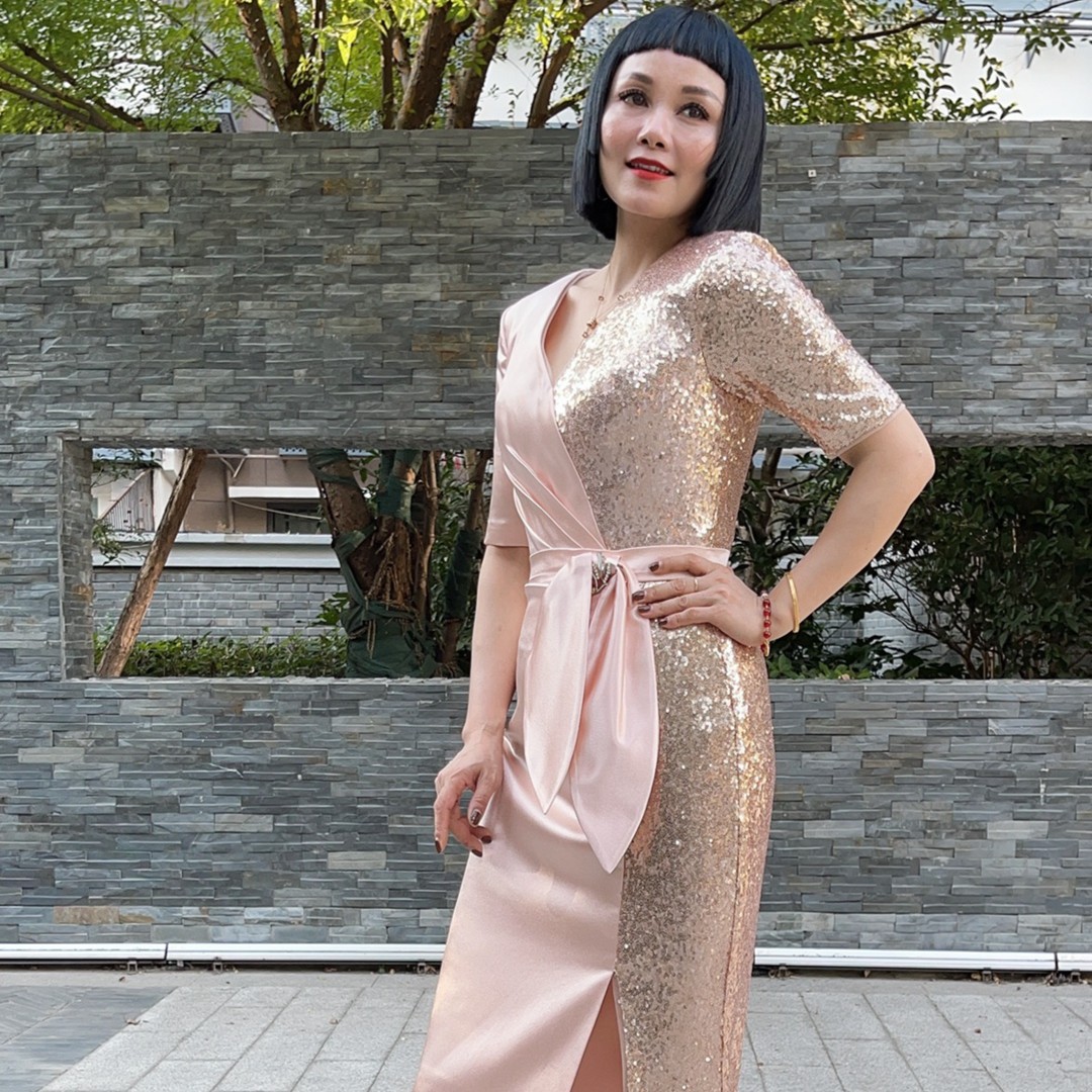【美婆婆礼服私人订制】超长款香槟粉色拼接款半身刺绣珠片礼服