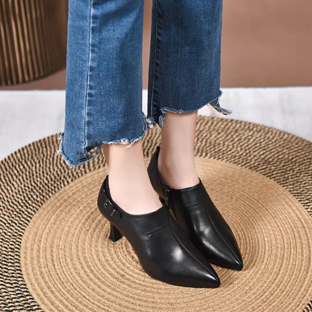 深口头层羊皮单鞋女2022年春秋新款气质尖头细跟5cm7cm尖头侧拉链