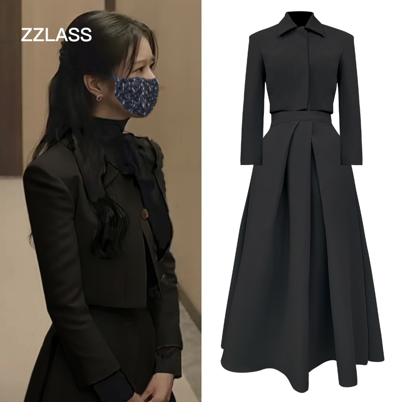 夏娃法式明星同款小香风时尚气质优雅财阀千金黑色西服套装春游