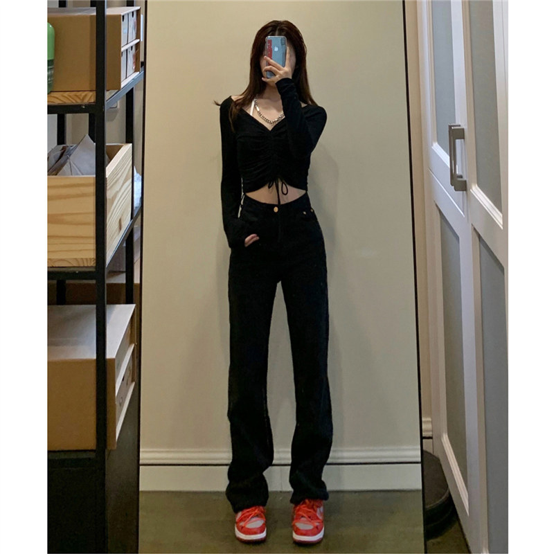黑色高腰牛仔裤女直筒宽松秋季2025新款窄版显瘦阔腿拖地裤子