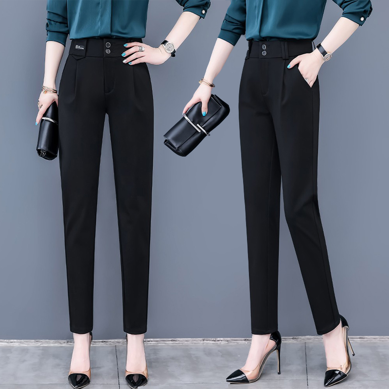 奈秀儿春秋小脚西装裤女显瘦高腰通勤女裤九分黑色休闲哈伦裤003