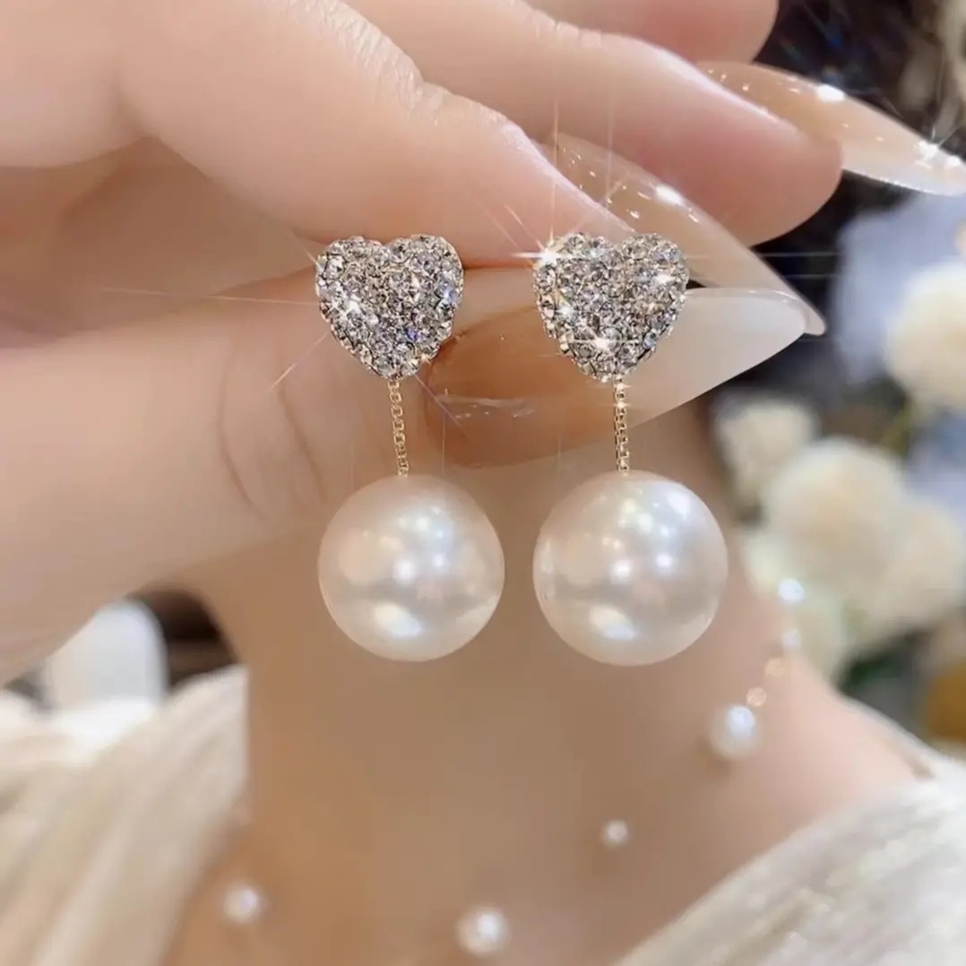 铜合金耳饰 一心有你一款两戴微镶爱心珠珠耳环银针女流行爆款