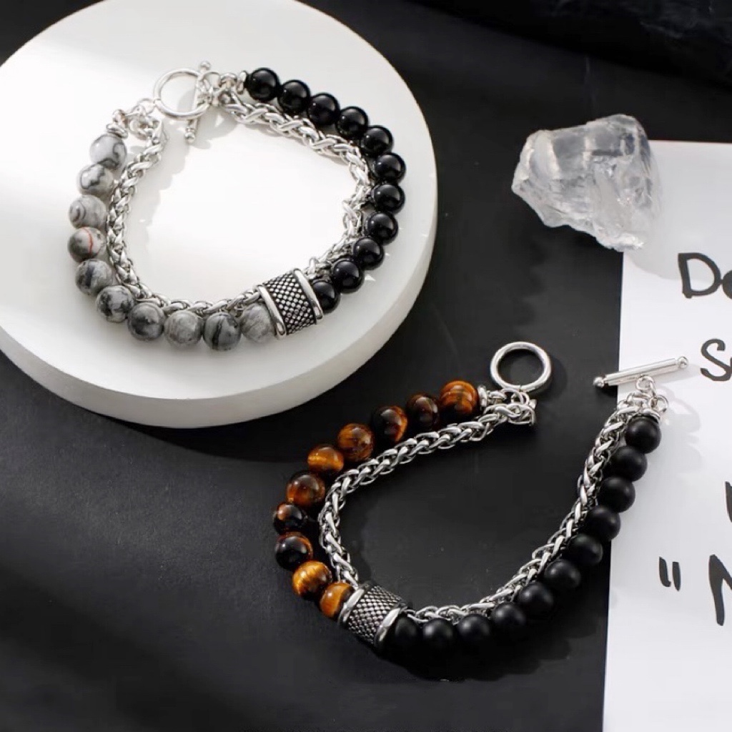 钛钢手链 响尾双层手链男个性手串潮流双链条撞色串珠OT扣小众ins