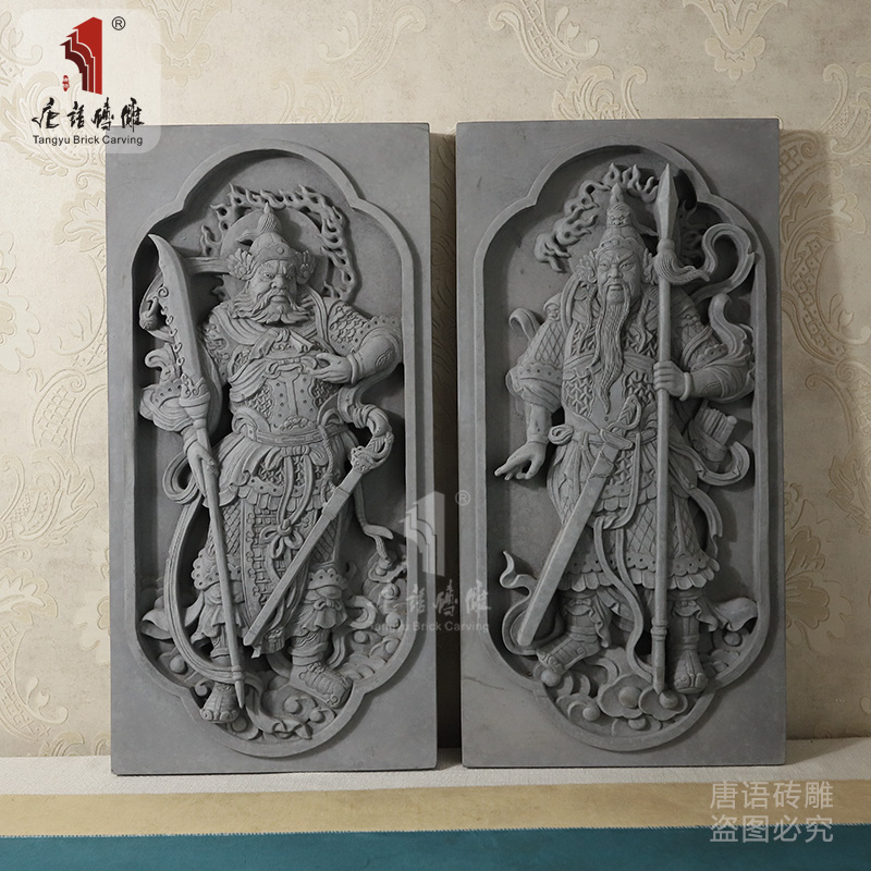 唐语砖雕 门神 对幅砖雕 麒麟 中式庭院大门门楼装饰浮雕壁画