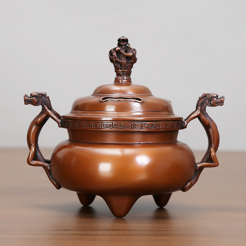 紫铜梵龙香薰炉全铜三足梵龙耳香薰炉三足带盖传统中式铜香炉