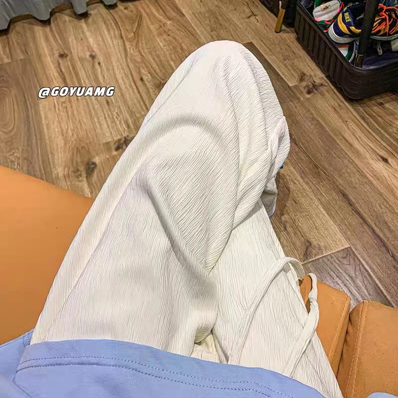 冰丝褶皱白色裤子男夏季薄款直筒宽松高街ins潮牌垂感阔腿休闲裤