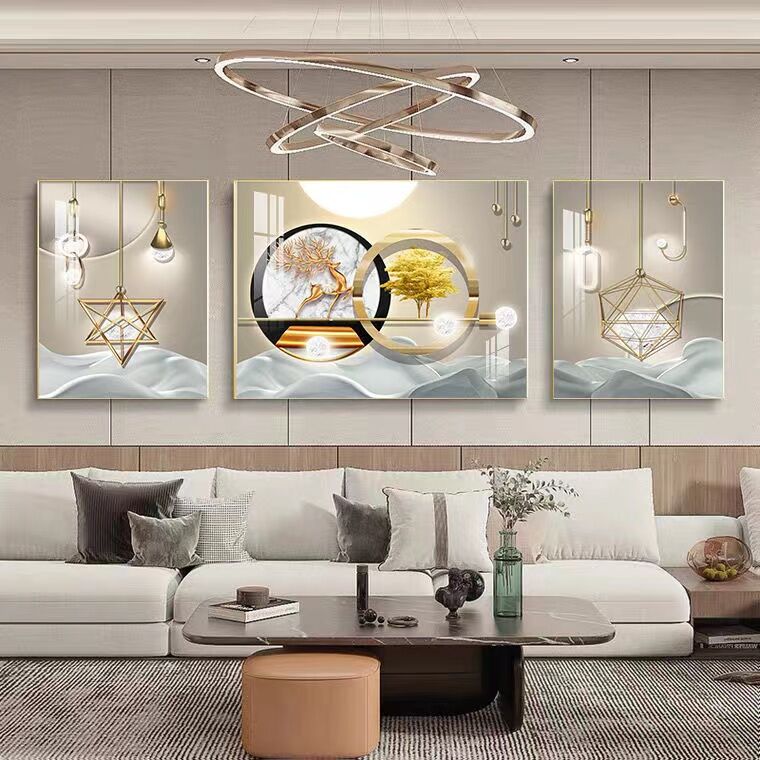 腾景空间【福鹿高照】轻奢抽象立体客厅装饰画沙发三联画客厅画钻