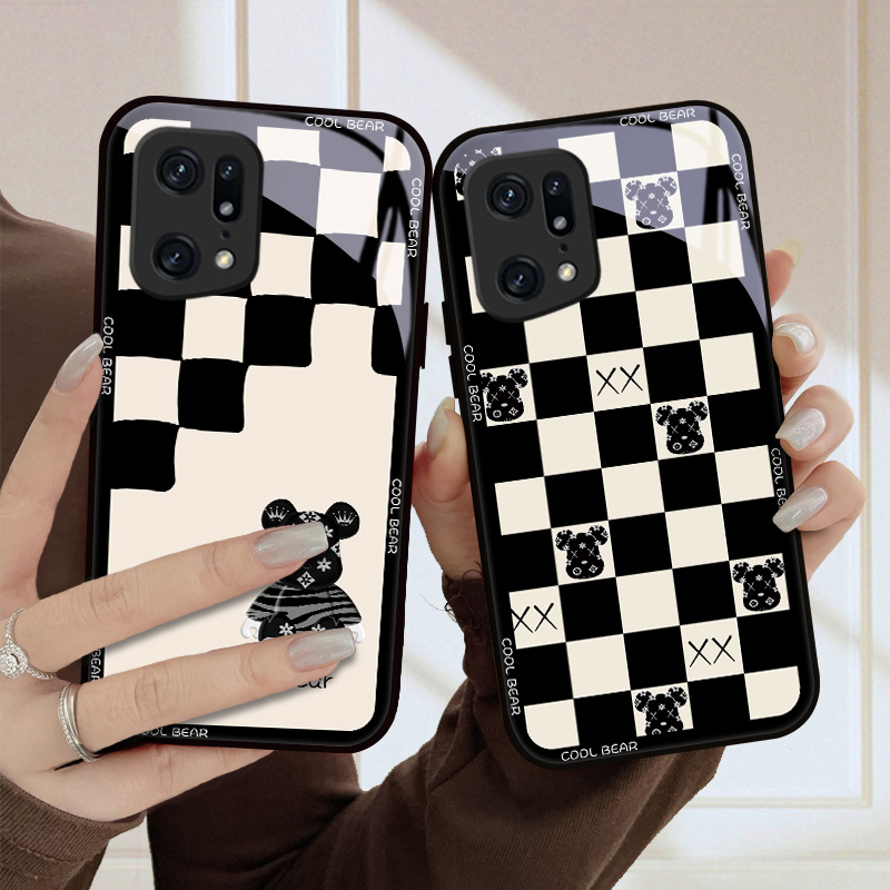 oppofindx5手机壳棋格潮熊findx5pro玻璃质感女款高级全包硅胶防