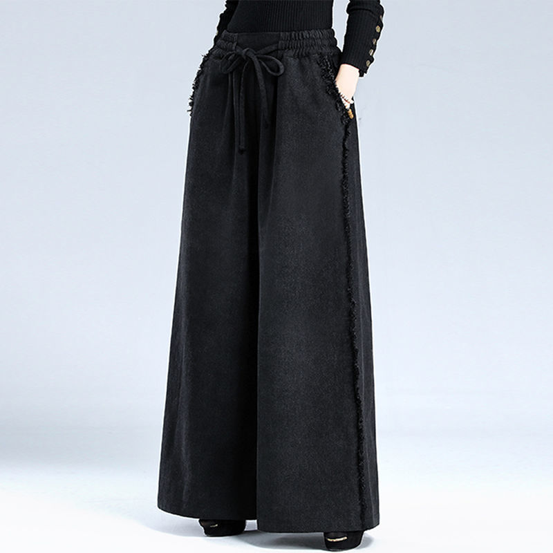 2025秋冬加绒黑色松紧高腰牛仔阔腿裤女宽松大码垂感直筒裤百搭