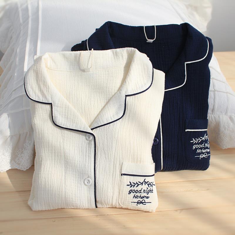 春秋季纯棉高档双层纱布棉纱男女长袖情侣睡衣套装夏季棉麻家居服