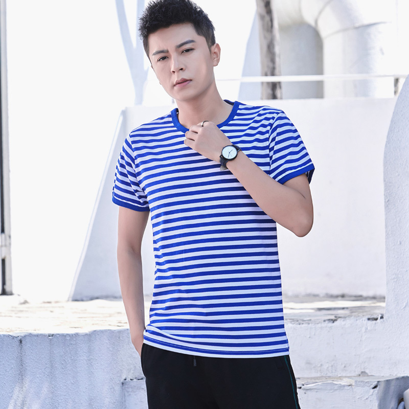 夏季正品海魂衫男短袖t恤水手服圆领纯棉蓝白横条纹宽松半袖体恤