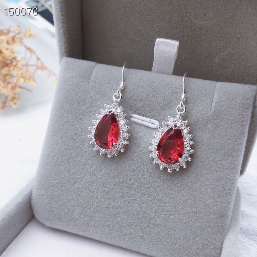 990纯银耳环女红色锆石耳坠日韩简约 水滴吊坠耳饰生日礼物
