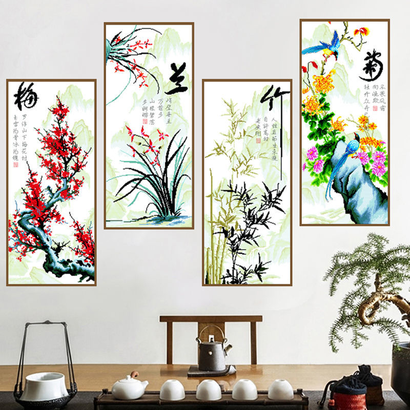 十字绣梅兰竹菊四联画