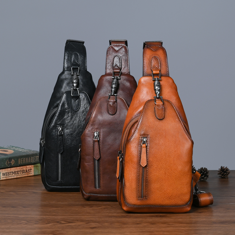 【米鹿皮具】复古头层牛皮斜跨胸包（13617）尺寸 高31宽17底9百搭