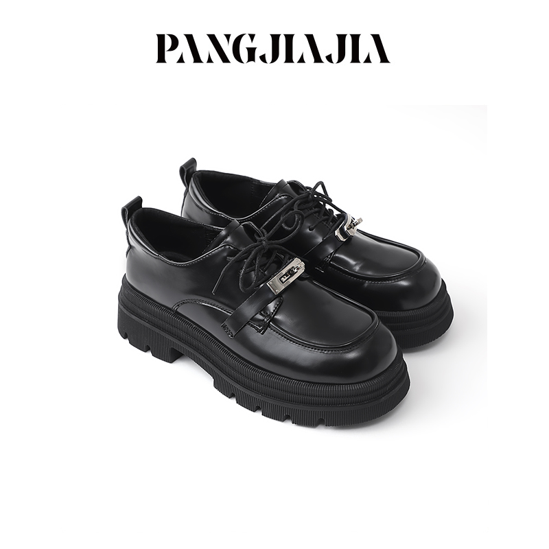 【胖佳佳】厚底增高小皮鞋秋季百搭黑色休闲乐福鞋女H624P16904
