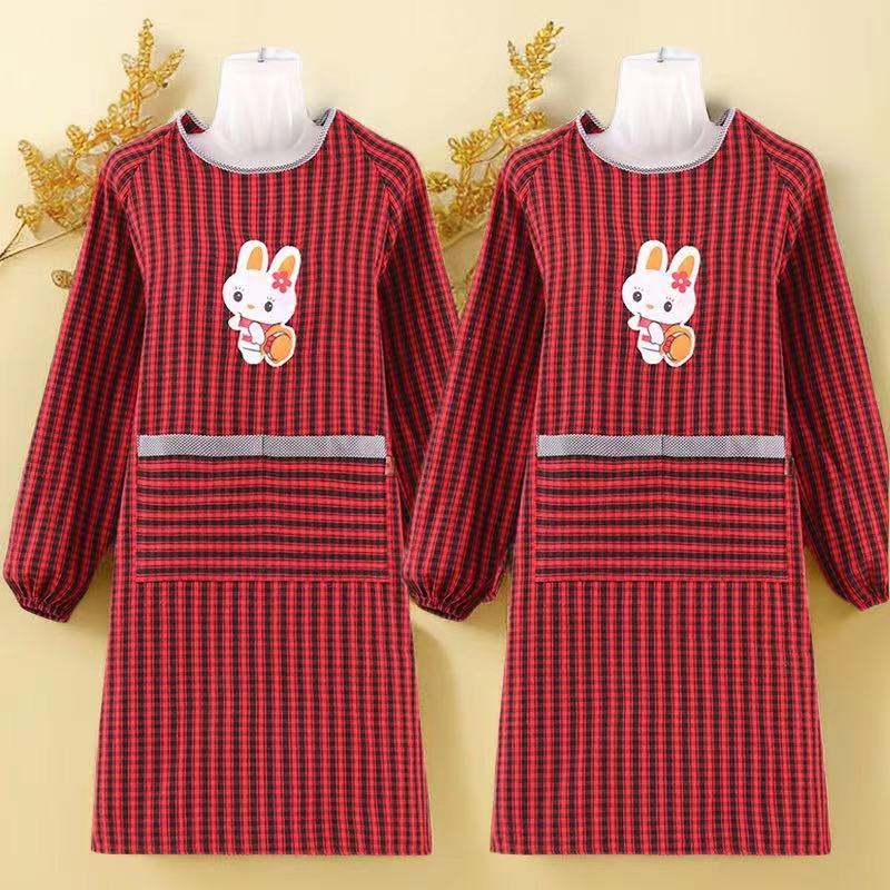 纯棉长袖围裙家用厨房2021新款翻领方格罩衣女漂亮围裙厨房专用