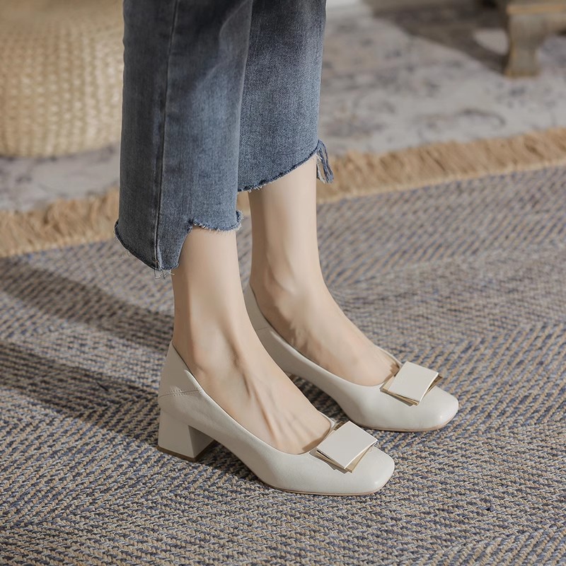 巨软~真皮小众设计气质百搭通勤浅口高跟鞋粗跟方头单鞋职业女鞋