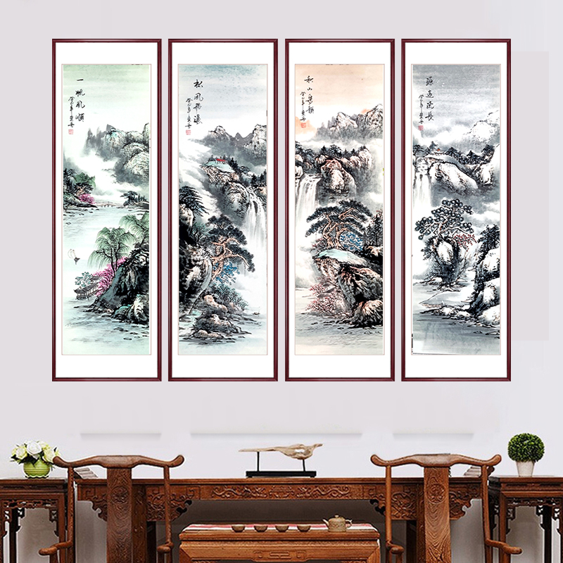 纯手绘国画山水画中堂客厅挂画四条屏春夏秋冬水墨画中式画