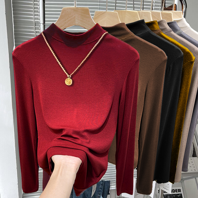 春秋小立领长袖T恤女洋气显瘦秋冬半高领内搭磨毛加厚打底衫上衣