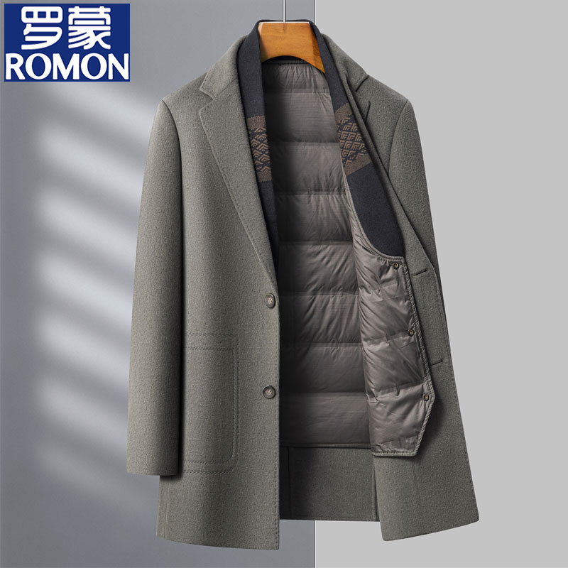 罗蒙羊毛呢子大衣冬季可脱卸加绒内胆加厚休闲男士毛呢外套中长款