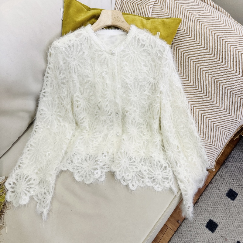 114MS3337法式镂空拼接亮片针织衫秋冬重工设计感时尚气质上衣