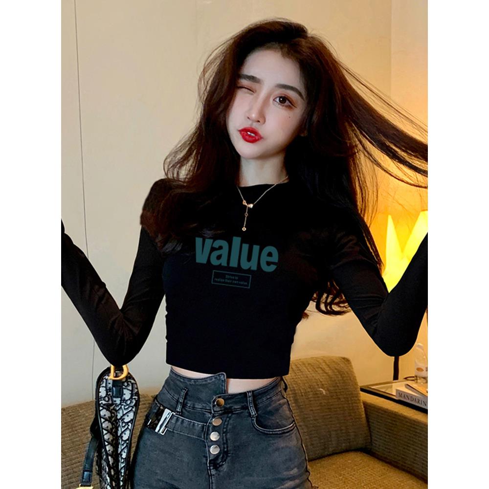 黑色半高领长袖打底衫女短款露脐秋冬修身百搭紧身印花上衣ins潮