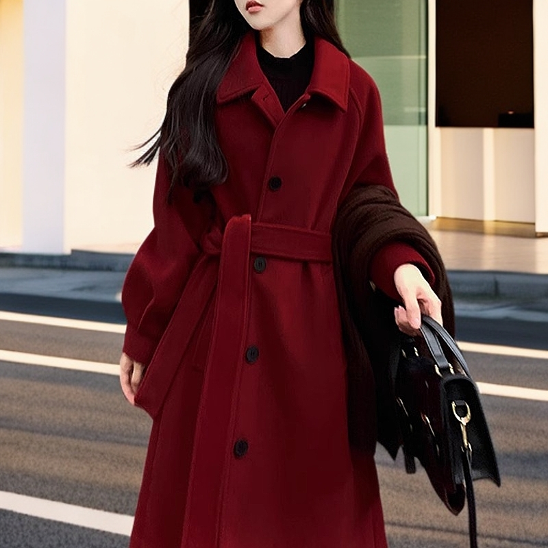 酒红色复古毛呢外套女冬大码新年婚礼加厚胖MM小个子呢大衣高级感