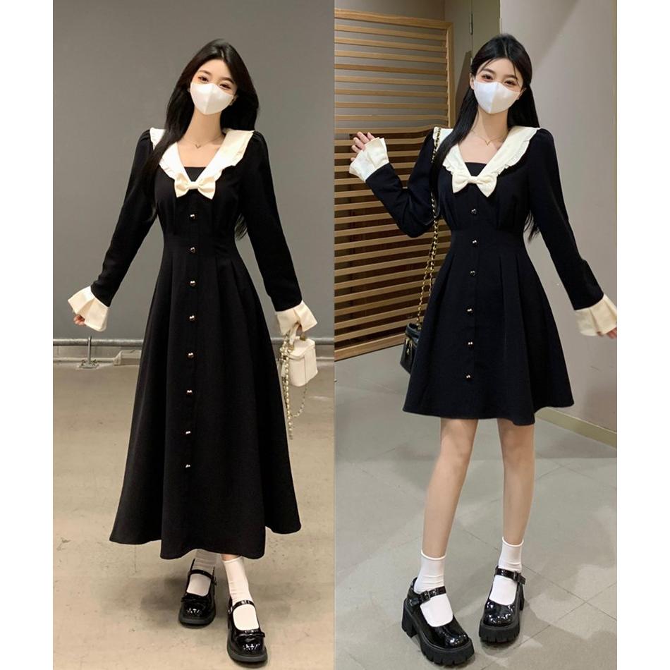 娃娃领甜美收腰黑色长袖连衣裙a字女新款气质高贵轻奢连衣裙a字