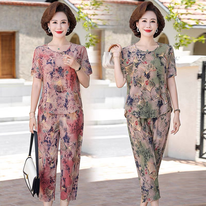 z夏季新款宽冰丝妈妈套装气质套装时尚