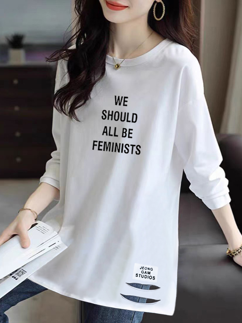 美式2024秋冬纯棉爆款搭鲨鱼裤遮屁股长袖t恤女中长款打底衫宽松i