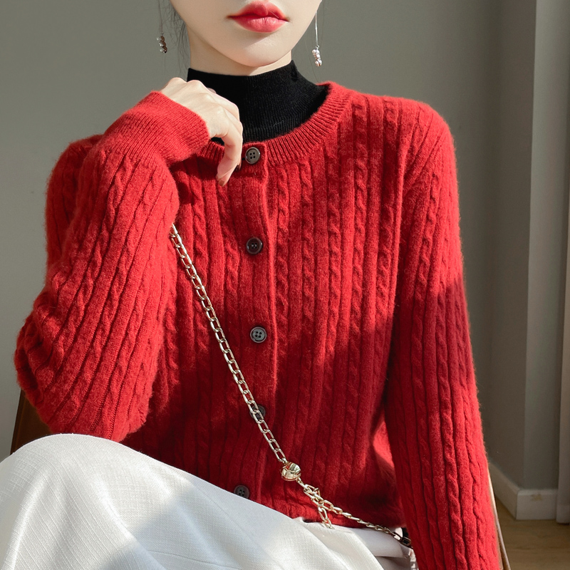 新年红100%纯羊毛扭花开衫女圆领复古百搭毛衣麻花针织衫DMR831
