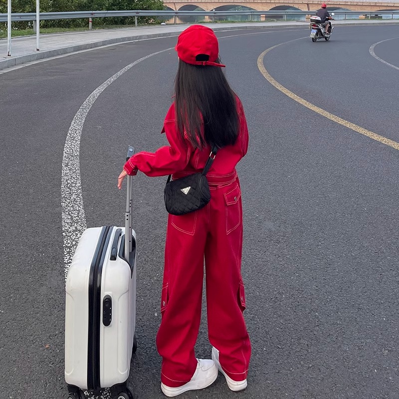 女童牛仔套装春秋工装裤洋气女孩2025新款中大童秋季两件套复古潮