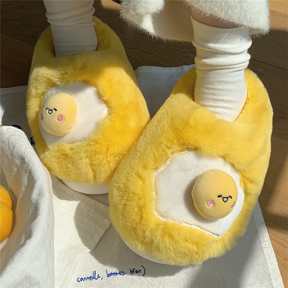 细细条 个性可爱蛋黄棉拖鞋女冬季居家室内防滑保暖毛绒月子鞋ins