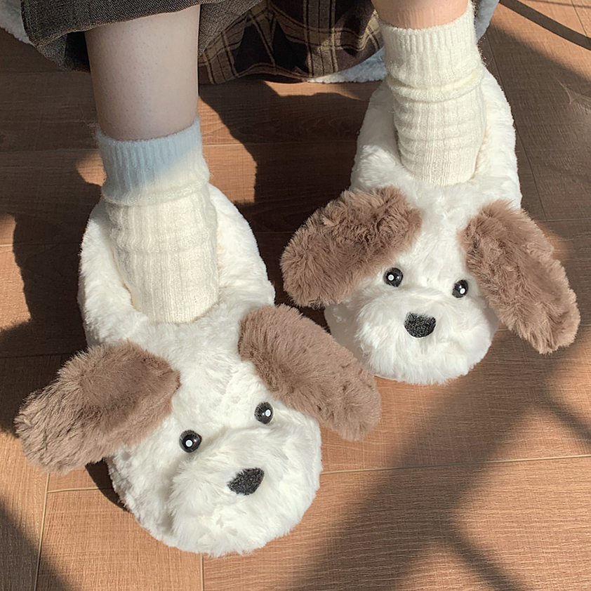 细细条 可爱卡通ins小狗棉拖鞋女冬季学生家居防滑保暖月子毛毛鞋