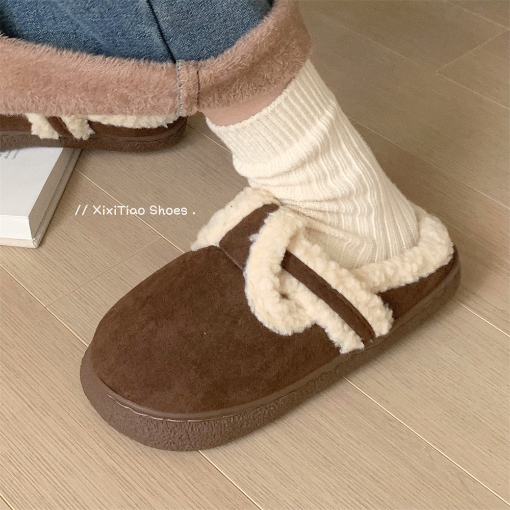 细细条 冬季加绒保暖外穿棉鞋毛毛拖鞋女韩版时尚复古新款勃肯鞋